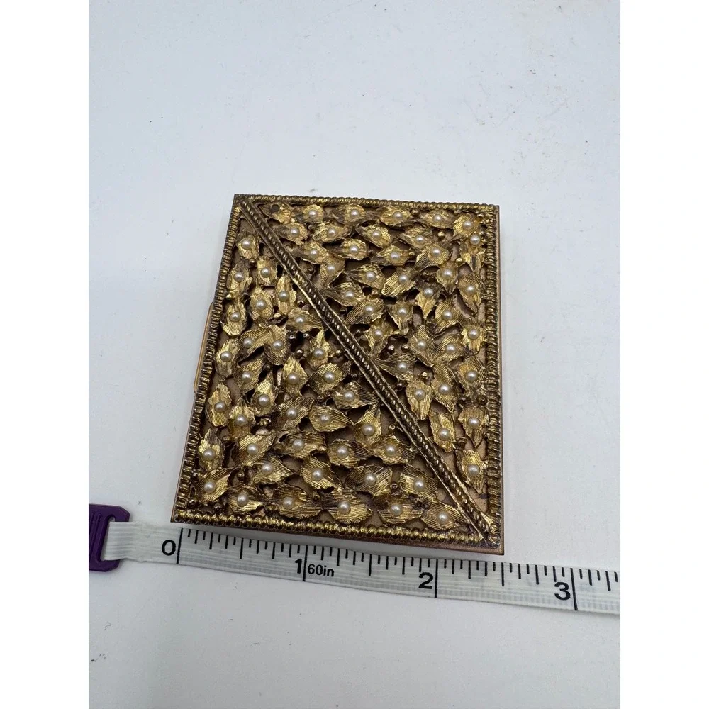 Vintage Gold Tone Pearl Compact Mirror Powder Case Ornate‎ Vanity Accessory